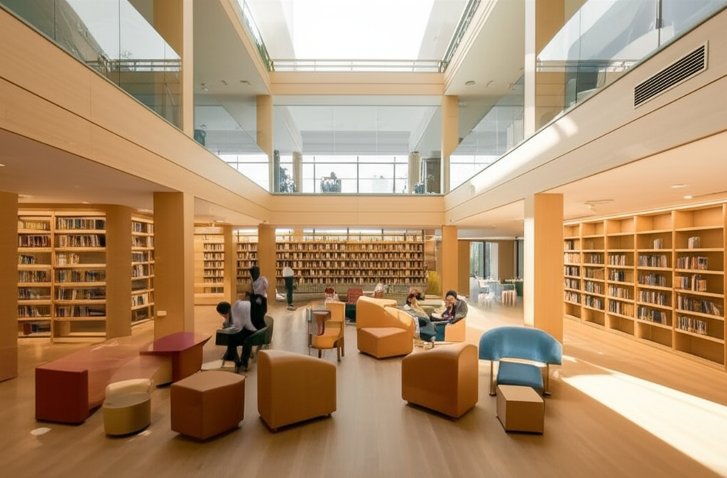 Bright colorful preschool library with children reading books in cozy reading nooks and interactive learning stations