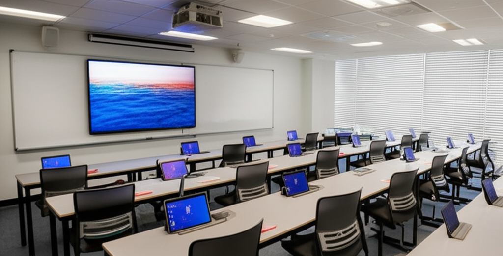 Modern preschool smart classroom with interactive digital whiteboard and children engaged in technology-based learning